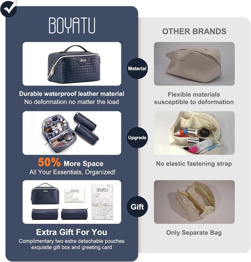 BOYATU Travel Makeup Bag Cosmetic Bags for Women: Large Capacity 3 Pcs Set Make up Bag with Compartments - Waterproof Vegan Leather Toiletry Organizer Bags with Handle (L34 Dark Blue) - Image 3